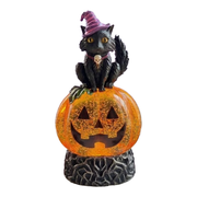 Lighted Spinning Water Globe Pumpkin w/ Cat & Timer