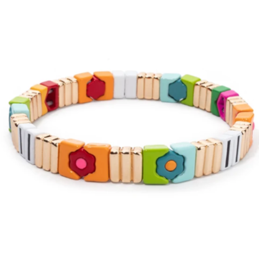 Autumn Colored Flower & Gold Tile Bracelet