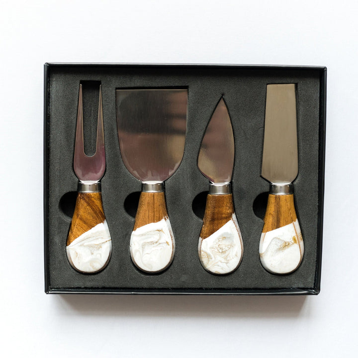 Gold Quartz Acacia Cheese Knife Set - Boxed