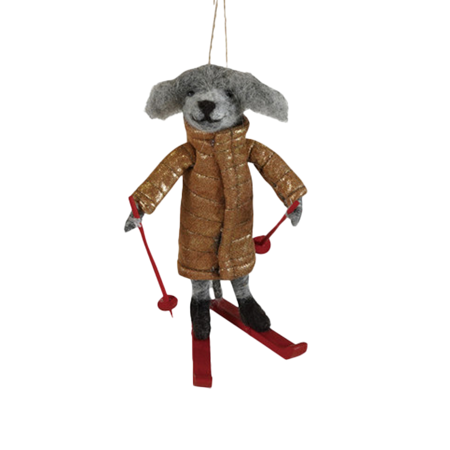 Wool Felt Dog With Skis & Coat Ornament - Gold Jacket
