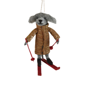 Wool Felt Dog With Skis & Coat Ornament - Gold Jacket