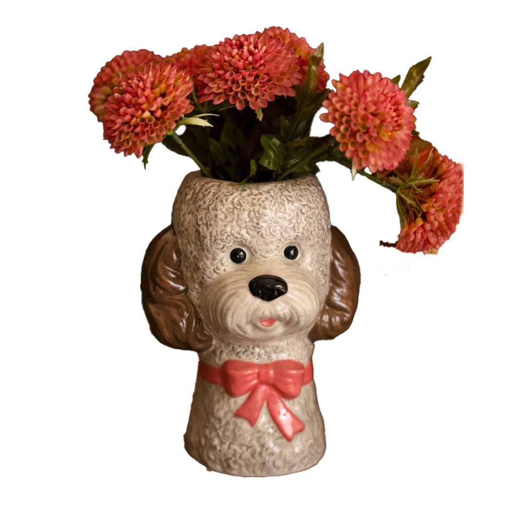 Dog With Bow Ceramic Vase - Pink Bow