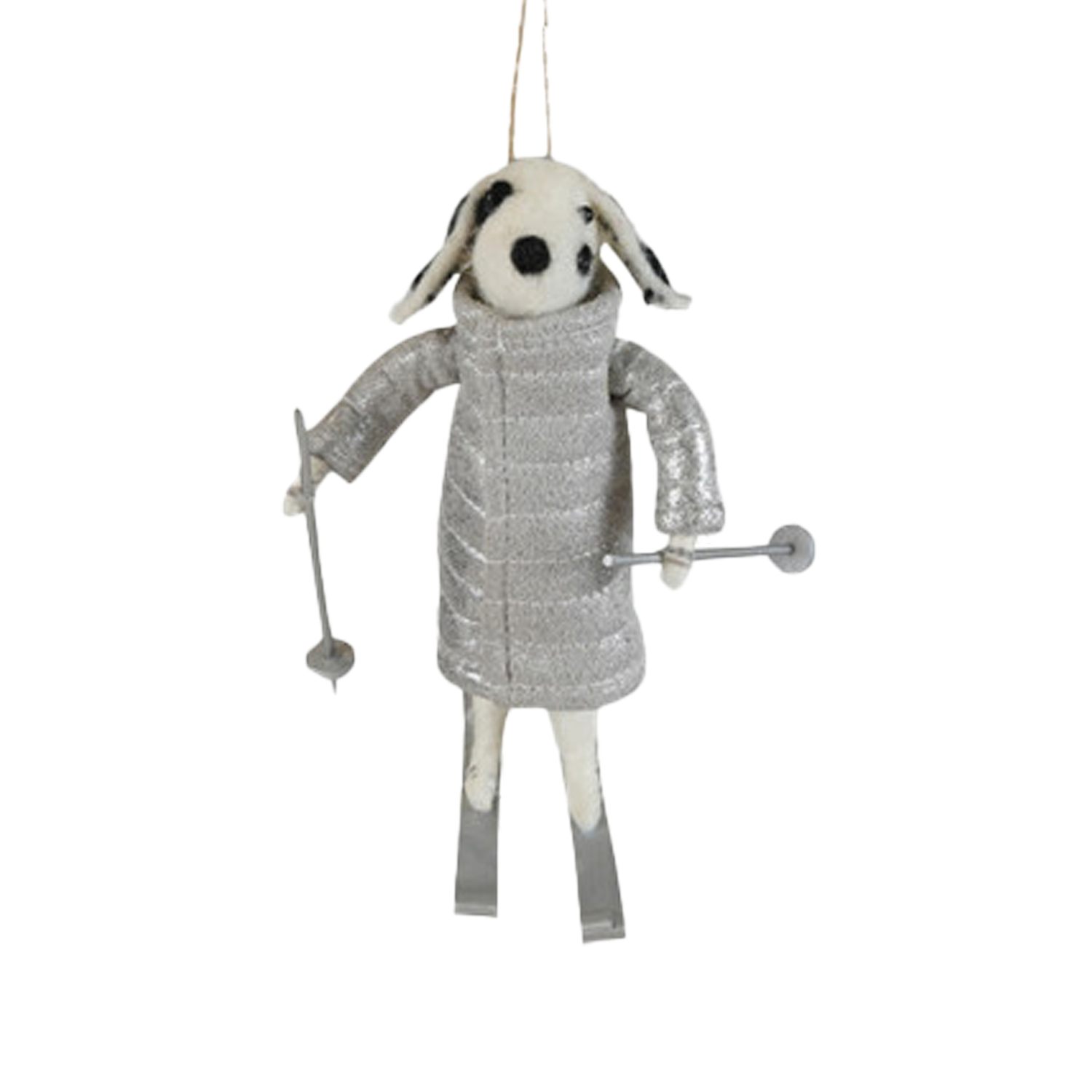 Wool Felt Dog With Skis & Coat Ornament - Silver Jacket