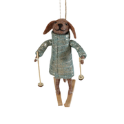 Wool Felt Dog With Skis & Coat Ornament - Teal Jacket