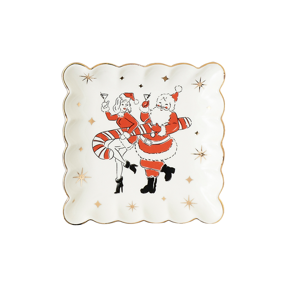 Holiday Cheers Scalloped Square Plate - Mr & Mrs Claus