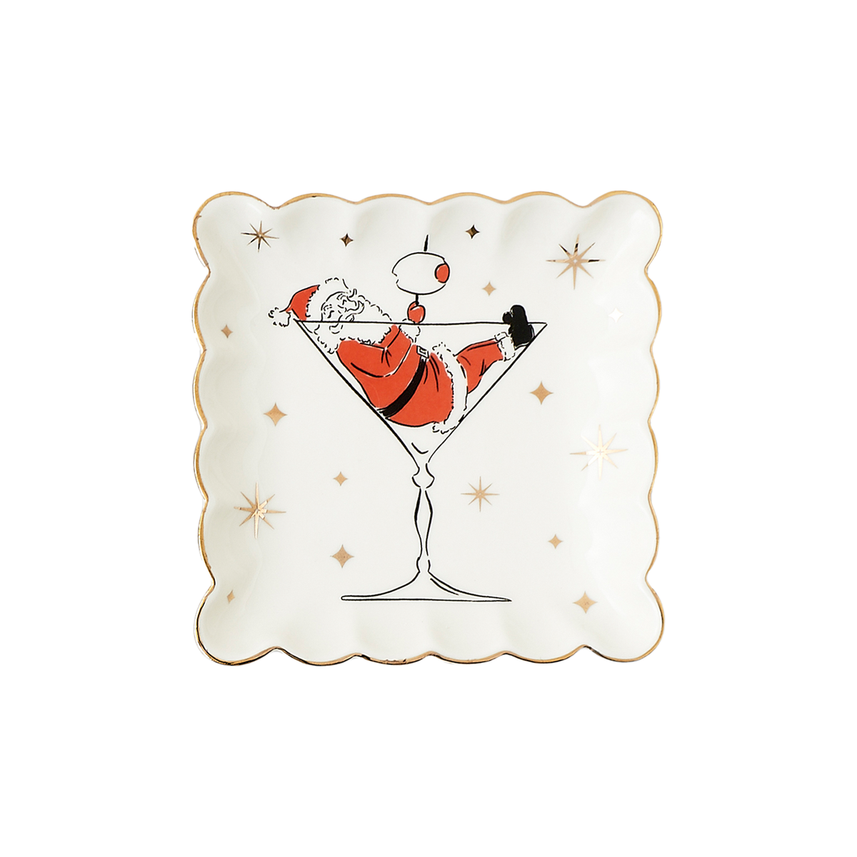 Holiday Cheers Scalloped Square Plate - Santa In Martini Glass