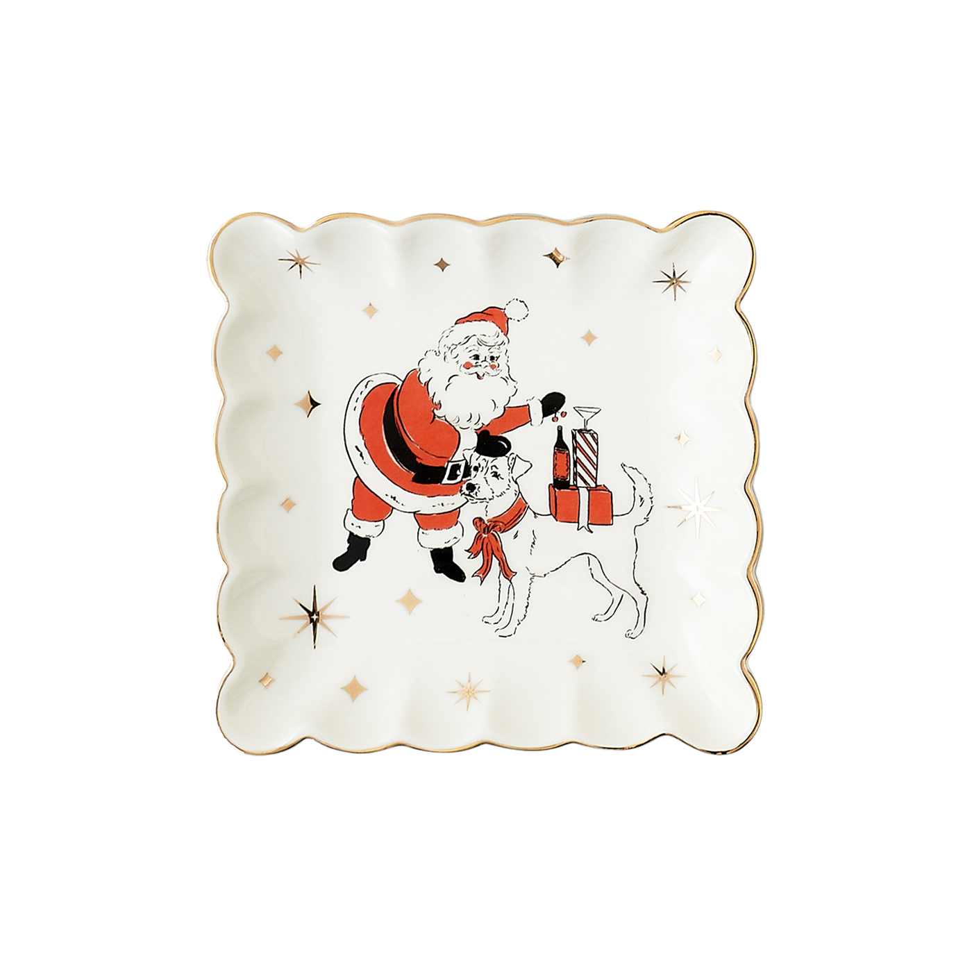 Holiday Cheers Scalloped Square Plate - Santa With Dog