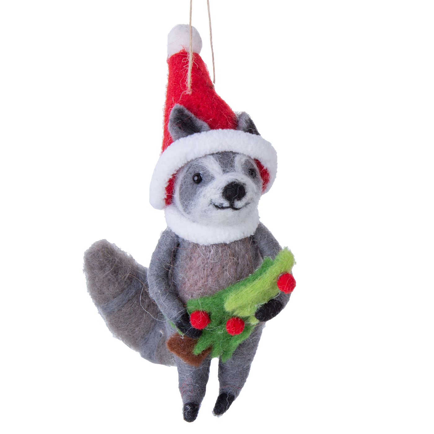 Festive Grey Raccoon In Santa Hat Ornament - Holding Holly