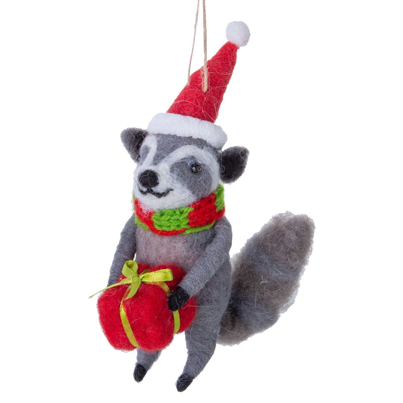 Festive Grey Raccoon In Santa Hat Ornament - Holding Present