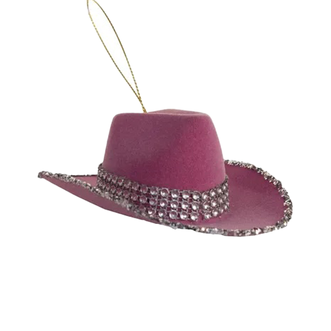 Flocked Cowgirl Hat Ornament - Pink