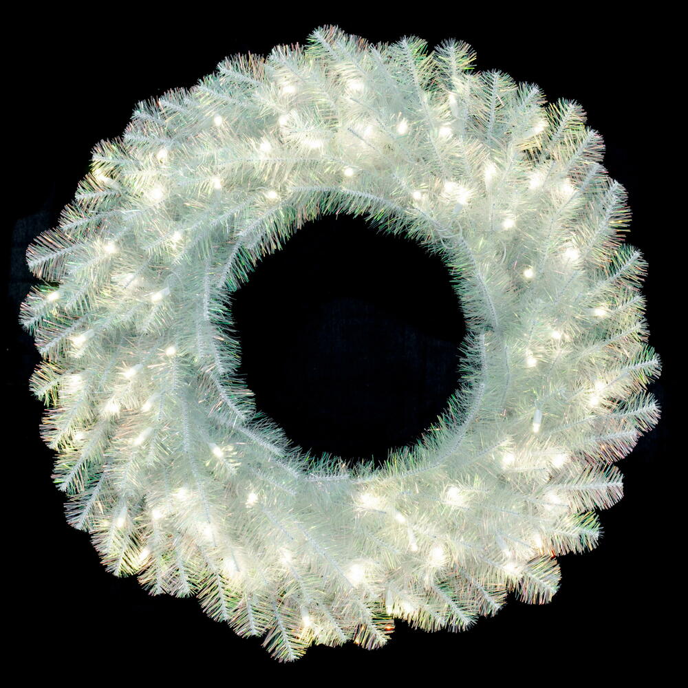 White Iridescent Wreath - 24" Pre-lit With 70 Pure White LED Lights
