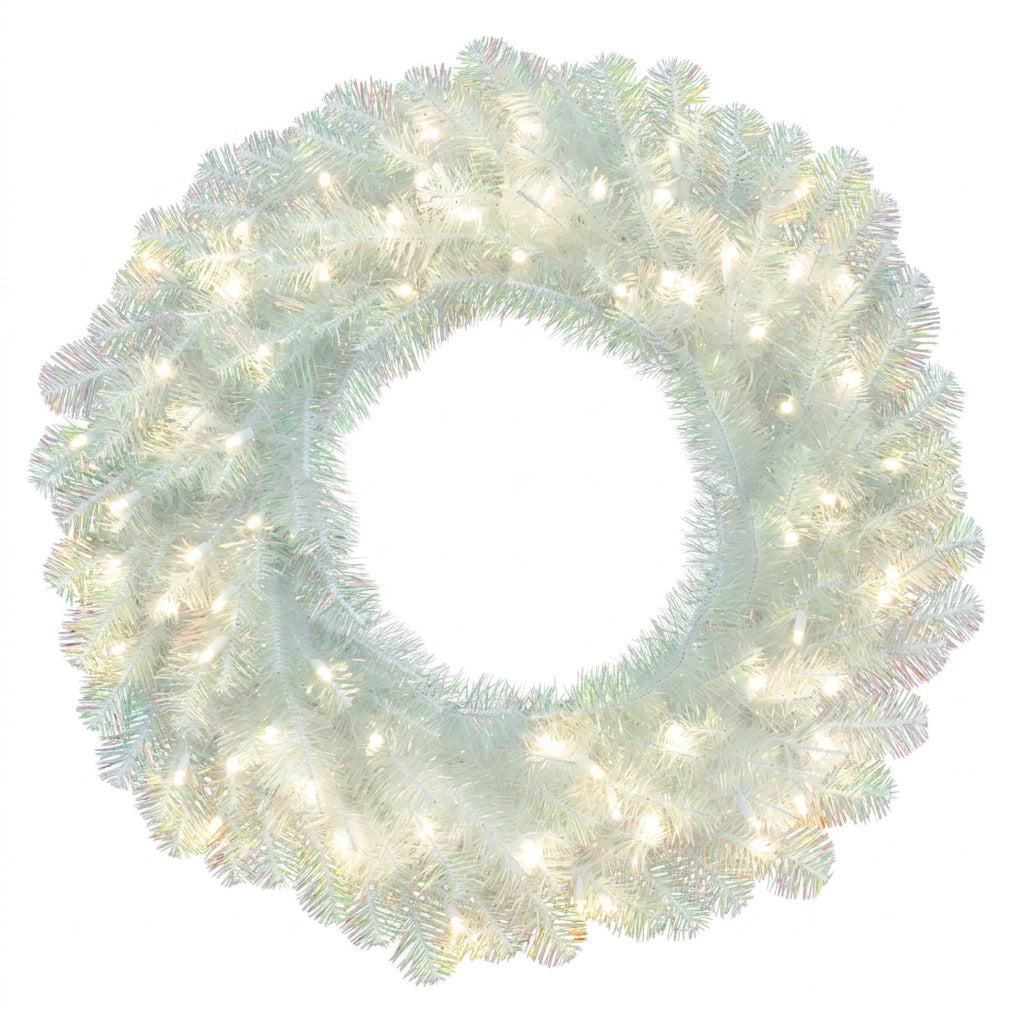White Iridescent Wreath - 24" Pre-lit With 70 Pure White LED Lights