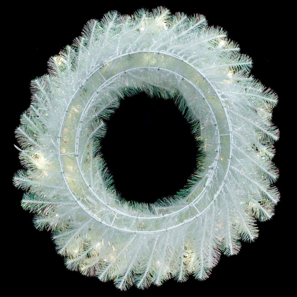 White Iridescent Wreath - 24" Pre-lit With 70 Pure White LED Lights