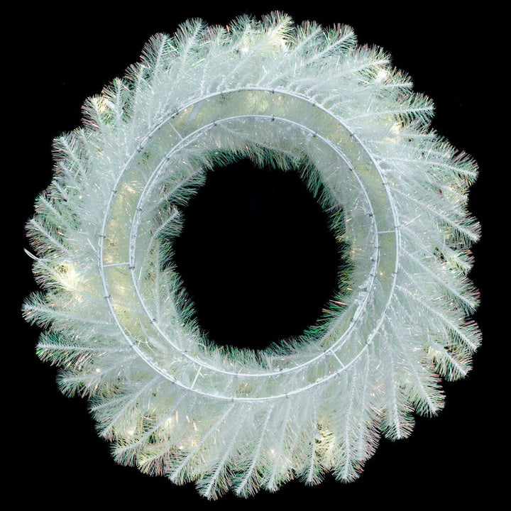 White Iridescent Wreath - 24" Pre-lit With 70 Pure White LED Lights