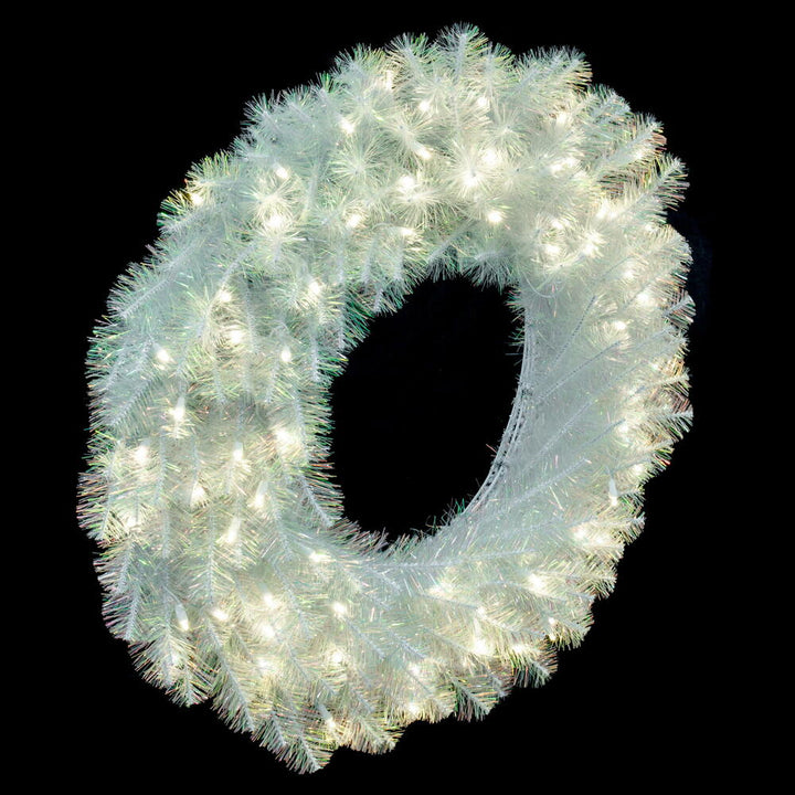 White Iridescent Wreath - 24" Pre-lit With 70 Pure White LED Lights