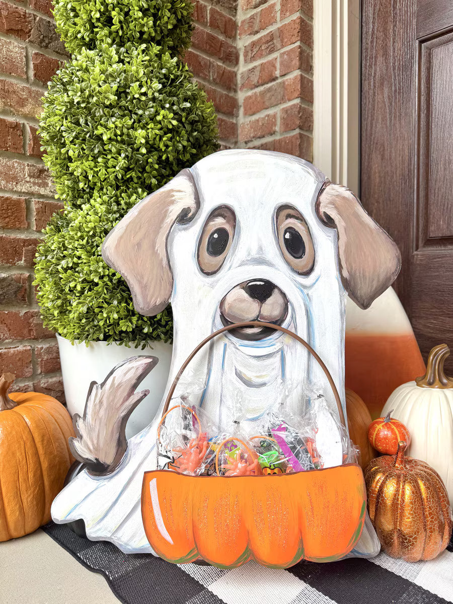 Ghost Puppy With Basket Metal Sign