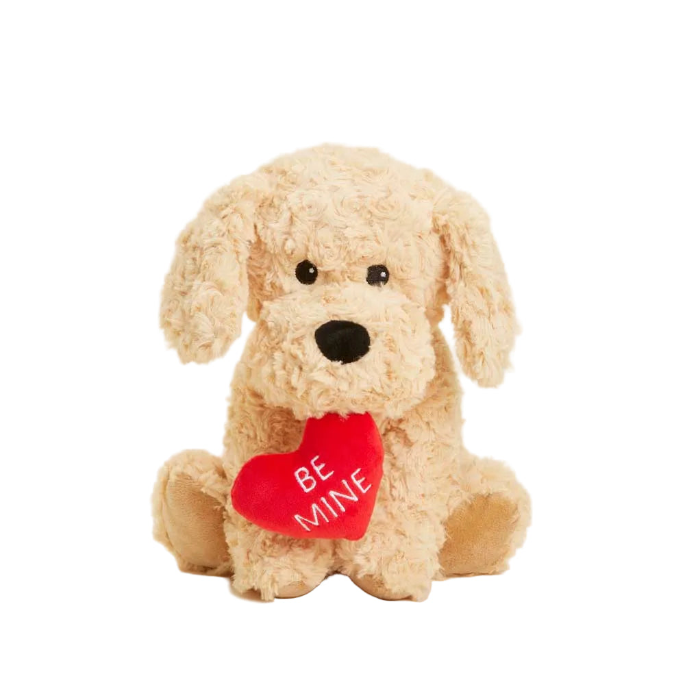 Plush dog toy with a red heart that says 'Be Mine' on a white background