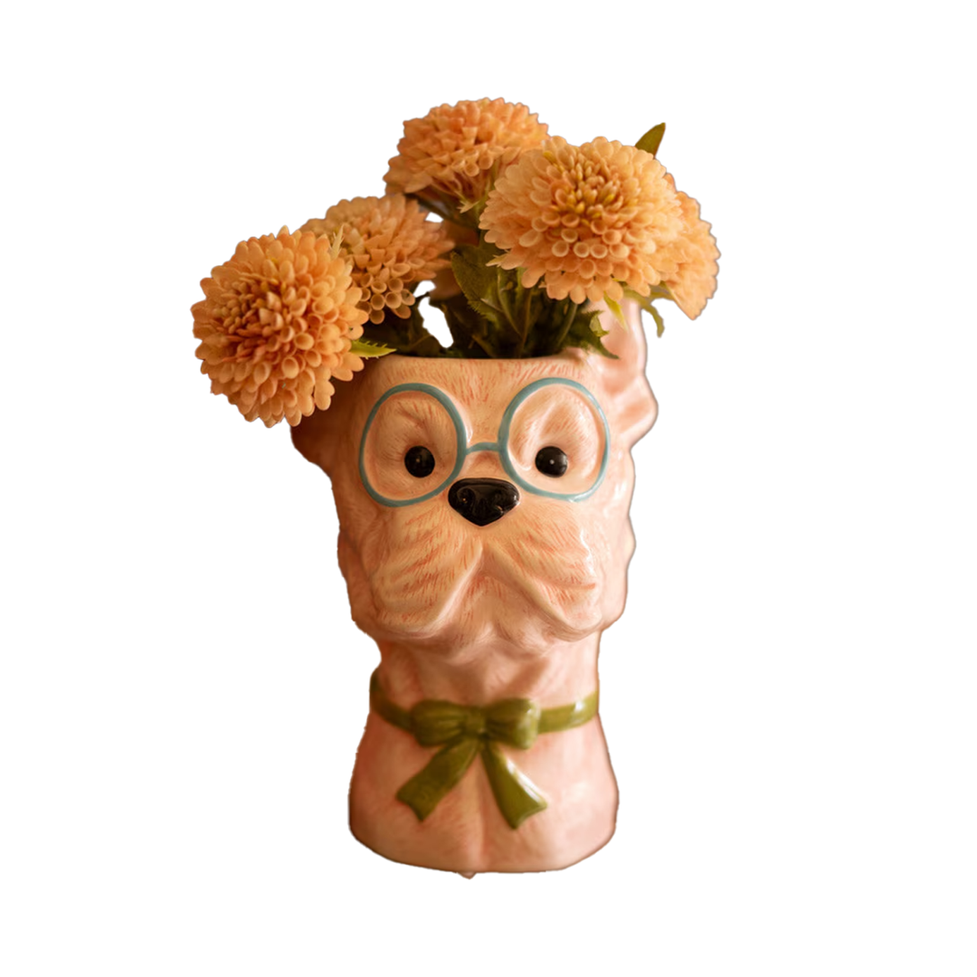 Dog With Bow Ceramic Vase - Green Bow