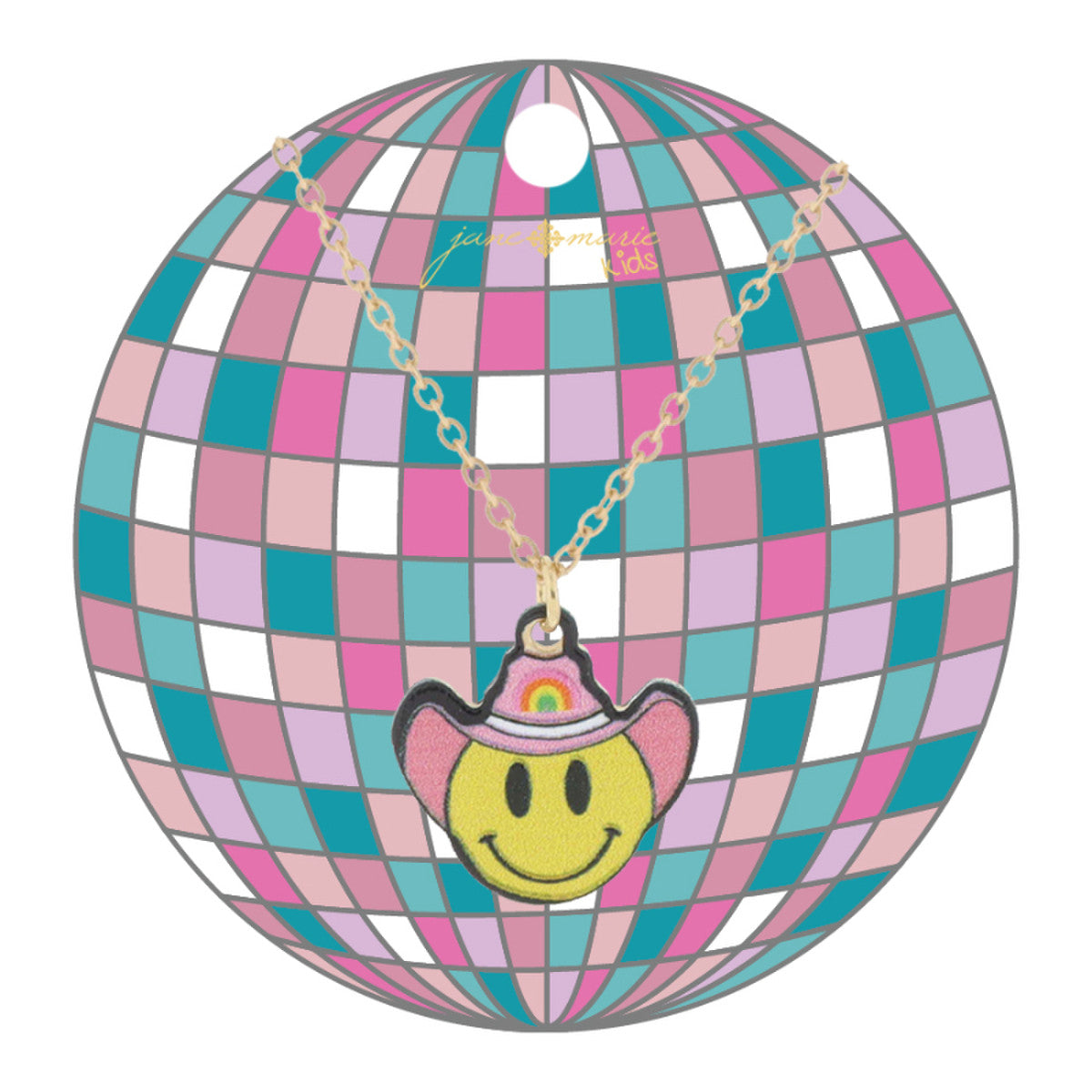 Yellow Happy Face With Pink Rainbow Cowgirl Hat Necklace