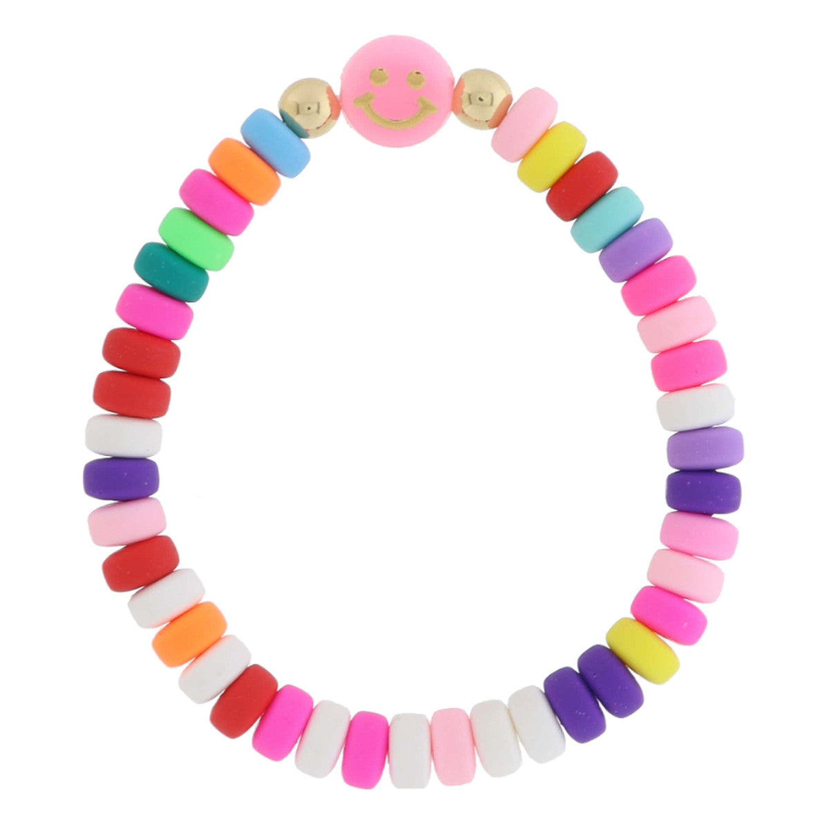 Multi-Colored Rubber Beaded With Pink Happy Face Charm Bracelet