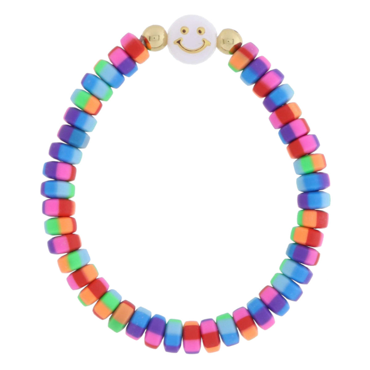 Multi-Colored Striped Rubber Beaded With White Happy Face Charm Bracelet