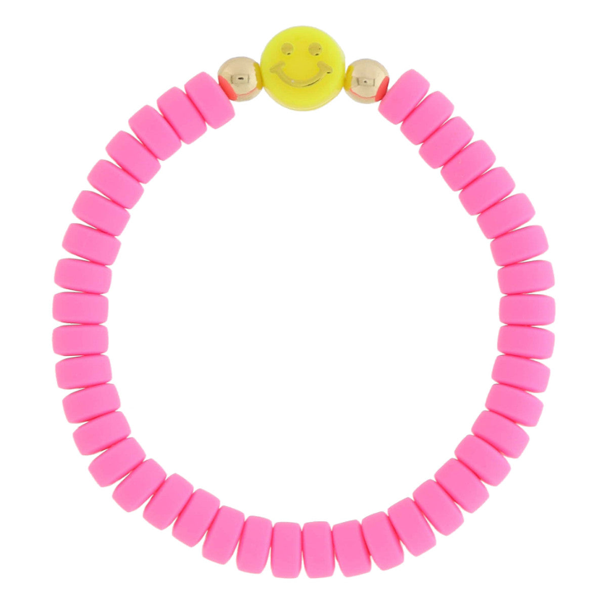 Pink Rubber Beaded With Yellow Happy Face Charm Bracelet