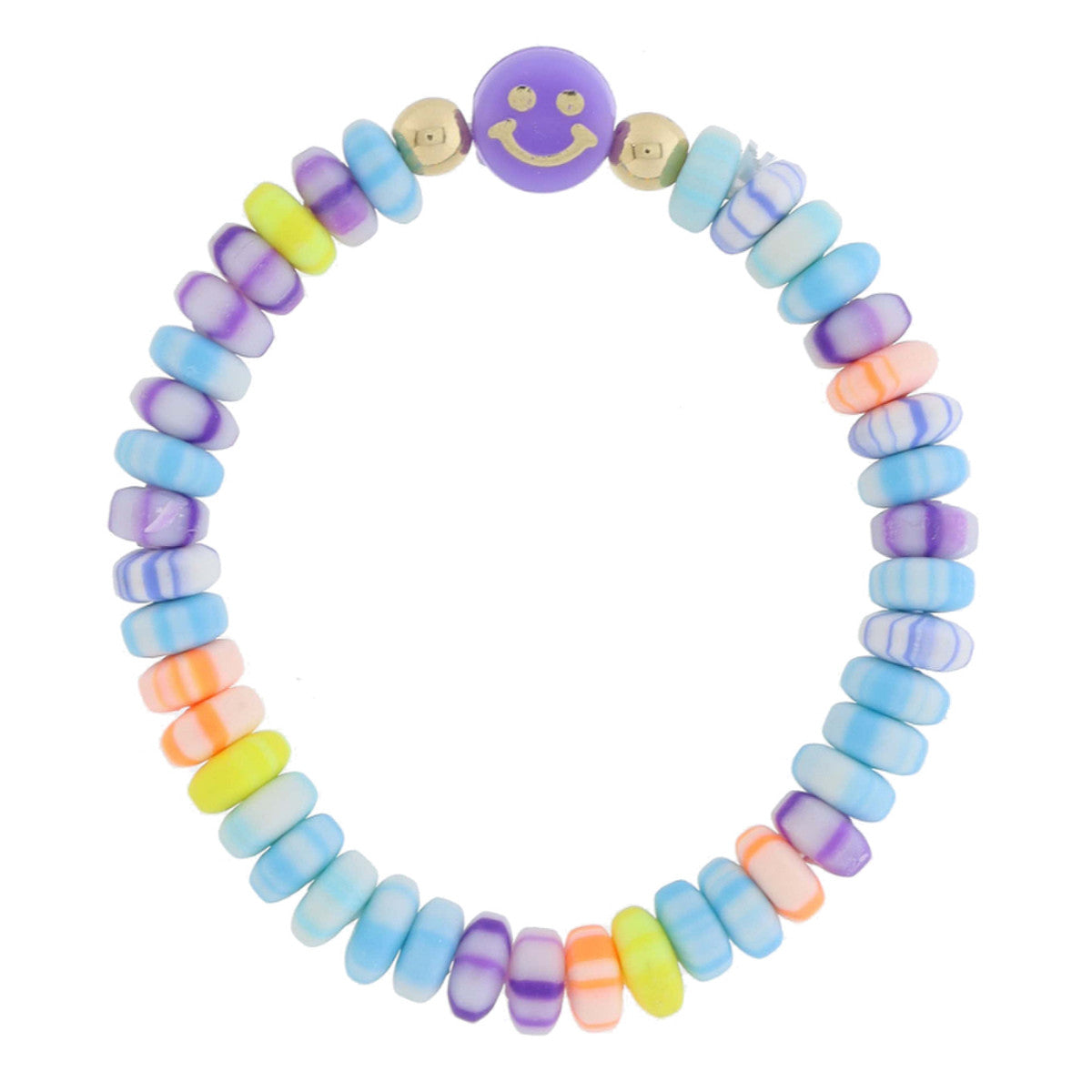 Multi-Color Tie-Dye Rubber Beaded With Gold Happy Face Charm Bracelet