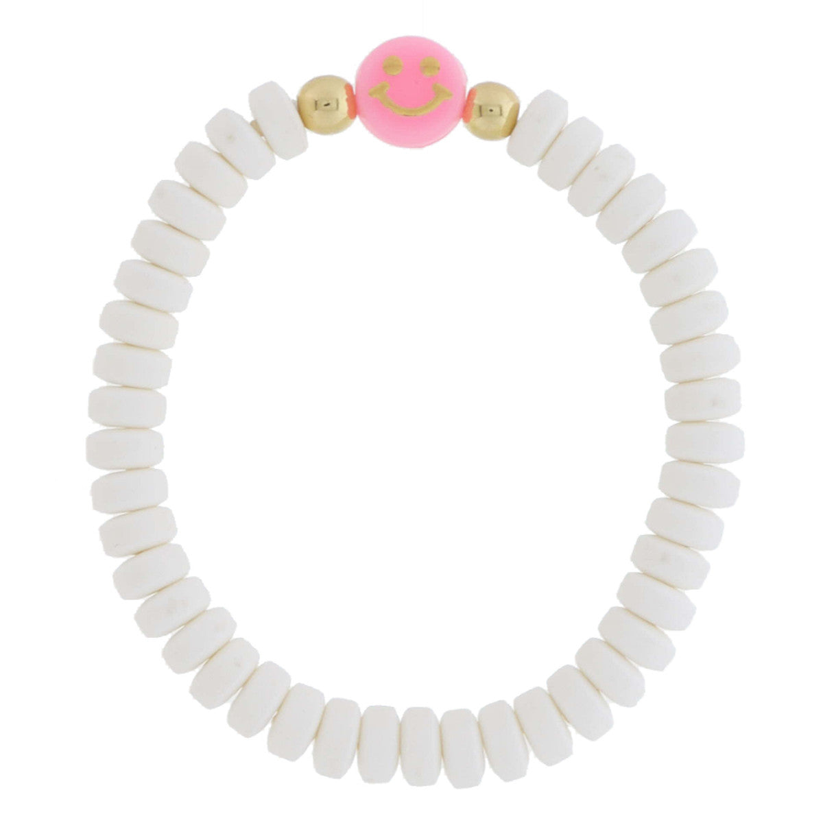 White Rubber Beaded With Pink Happy Face Charm Bracelet