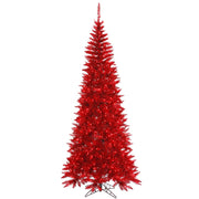 Red Tinsel Slim Fir Tree - 4.5'x24" Pre-Lit with 200 Red Dura-Lit LED Italian Style Lights