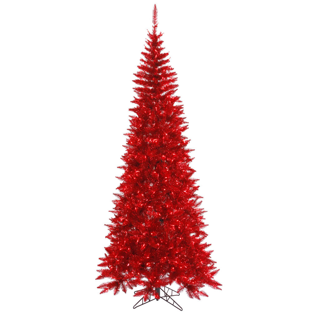 Red Tinsel Slim Fir Tree - 7.5' x 40" Pre-lit With 500 Dura-lit Italian Style LED Red Lights