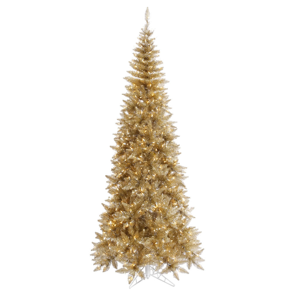 Champagne Tinsel Slim Fir Tree 9' x 46" Pre-Lit With 700 Italian Style Warm White Dura-Lit LED Lights