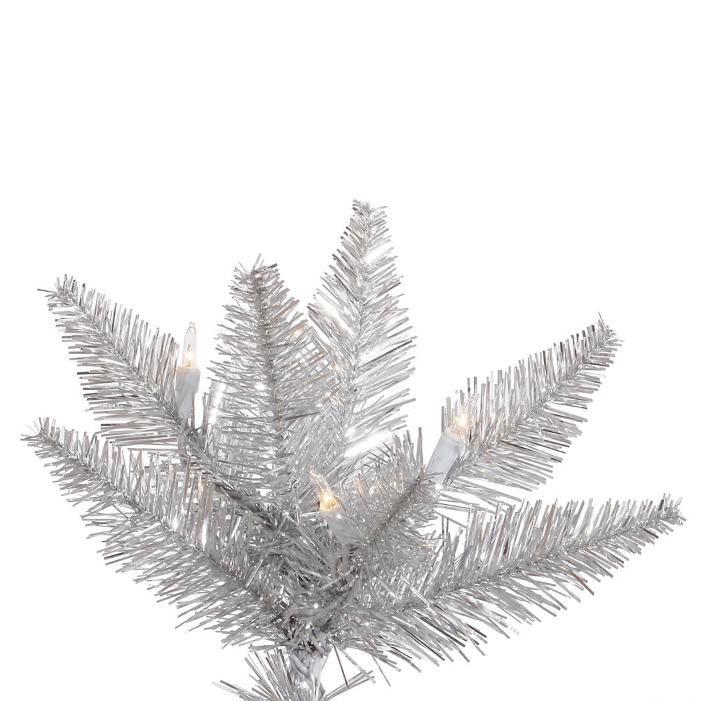 Silver Tinsel Slim Fir Tree - 9' x 46" Pre-Lit with 700 Warm White Dura-lit Italian Style Mini Lights