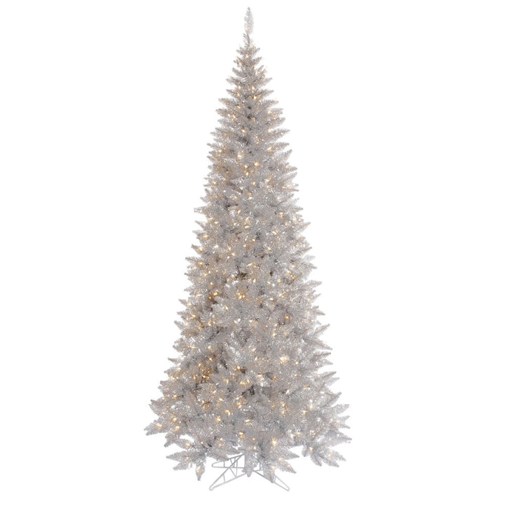 Silver Tinsel Slim Fir Tree - 9' x 46" Pre-Lit with 700 Warm White Dura-lit Italian Style LED Mini Lights