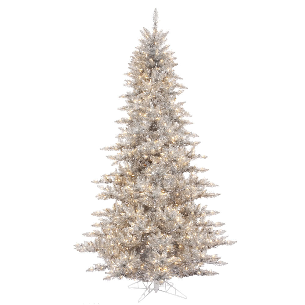 Silver Tinsel Full Fir Tree - 7.5' x 52" Pre-Lit With 750 Warm White Dura-Lit LED Italian Style Lights