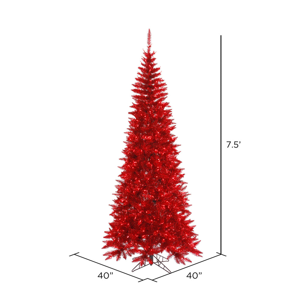 Red Tinsel Slim Fir Tree - 7.5' x 40" Pre-lit With 500 Dura-lit Italian Style LED Red Lights