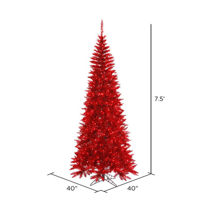 Red Tinsel Slim Fir Tree - 7.5' x 40" Pre-lit With 500 Dura-lit Italian Style LED Red Lights