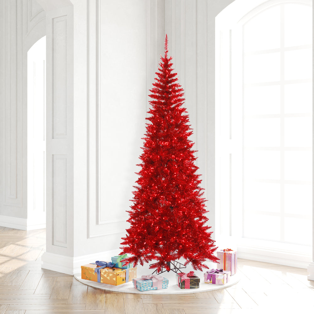 Red Tinsel Slim Fir Tree - 7.5' x 40" Pre-lit With 500 Dura-lit Italian Style LED Red Lights