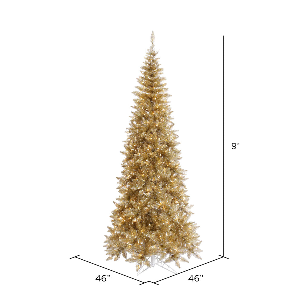 Champagne Tinsel Slim Fir Tree 9' x 46" Pre-Lit With 700 Italian Style Warm White Dura-Lit LED Lights