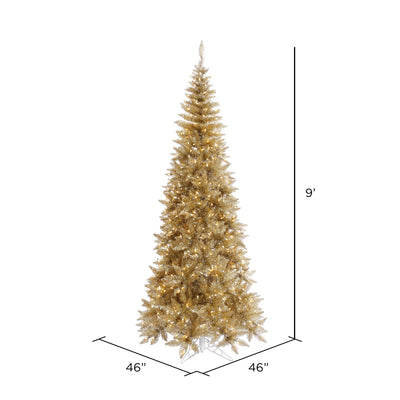 Champagne Tinsel Slim Fir Tree 9' x 46" Pre-Lit With 700 Italian Style Warm White Dura-Lit LED Lights