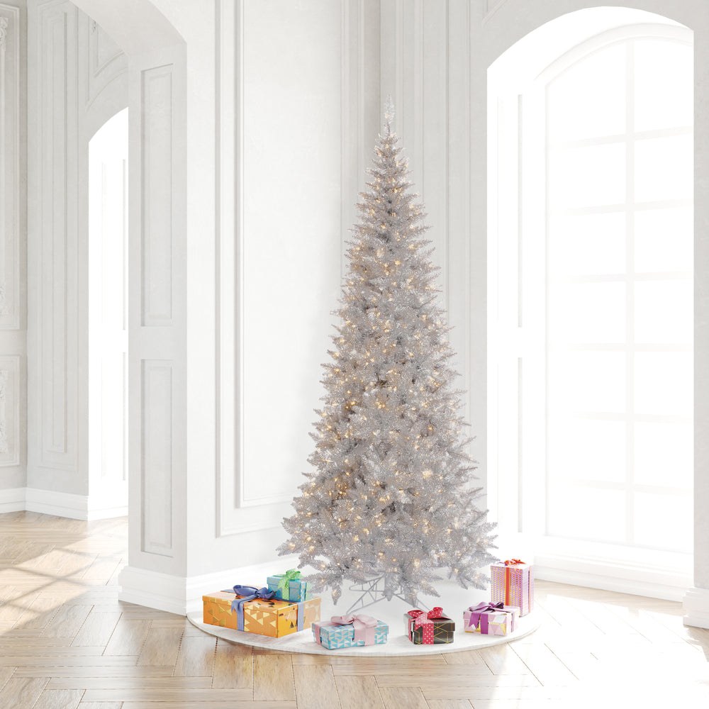 Silver Tinsel Slim Fir Tree - 9' x 46" Pre-Lit with 700 Warm White Dura-lit Italian Style LED Mini Lights