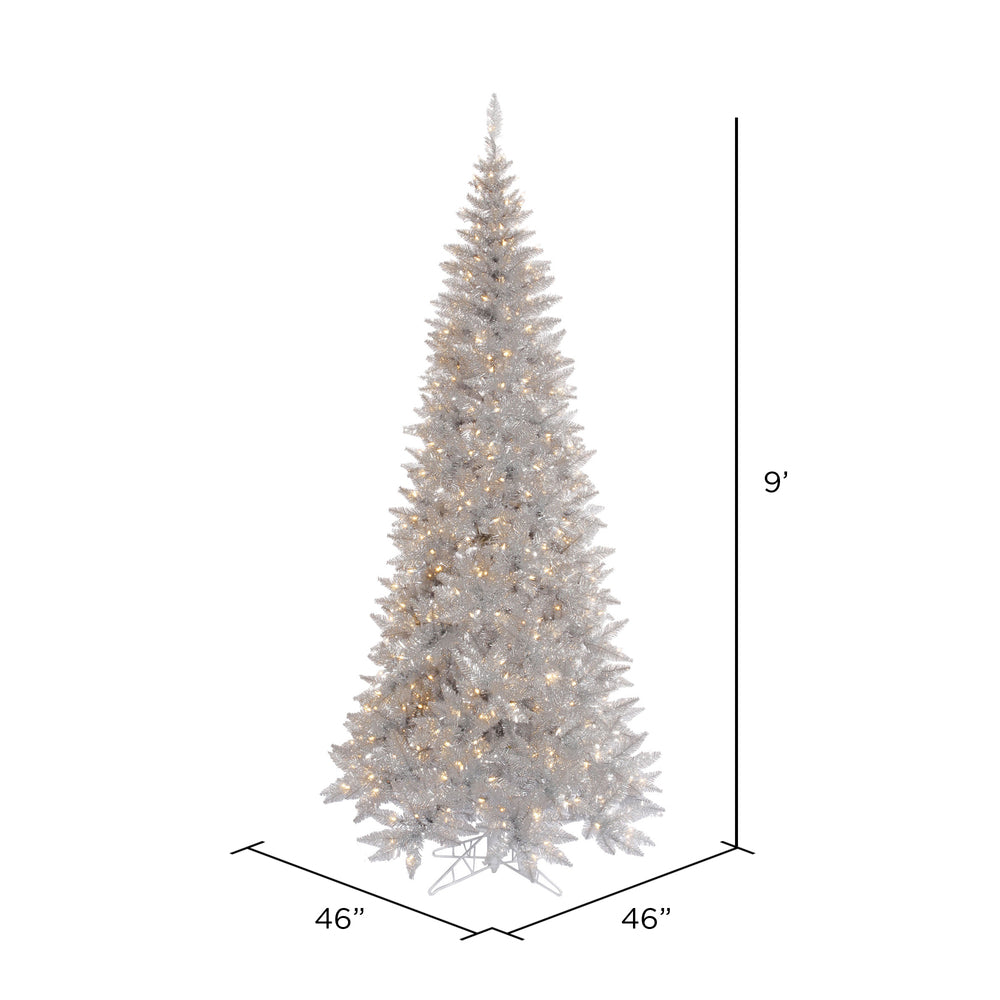 Silver Tinsel Slim Fir Tree - 9' x 46" Pre-Lit with 700 Warm White Dura-lit Italian Style Mini Lights