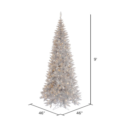 Silver Tinsel Slim Fir Tree - 9' x 46" Pre-Lit with 700 Warm White Dura-lit Italian Style Mini Lights