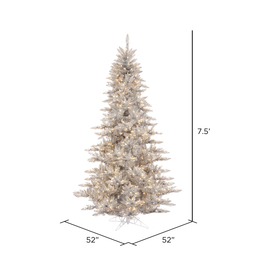 Silver Tinsel Full Fir Tree - 7.5' x 52" Pre-Lit With 750 Warm White Dura-Lit LED Italian Style Lights