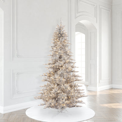 Silver Tinsel Full Fir Tree - 7.5' x 52" Pre-Lit With 750 Warm White Dura-Lit LED Italian Style Lights