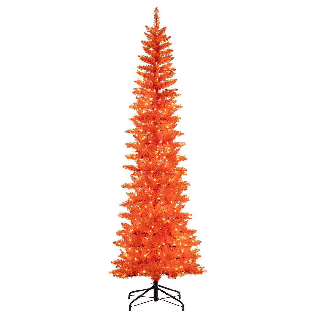 Orange Pencil Tree - 7.5' x 32" Pre-Lit with 450 Dura-Lit Orange LED Mini Lights