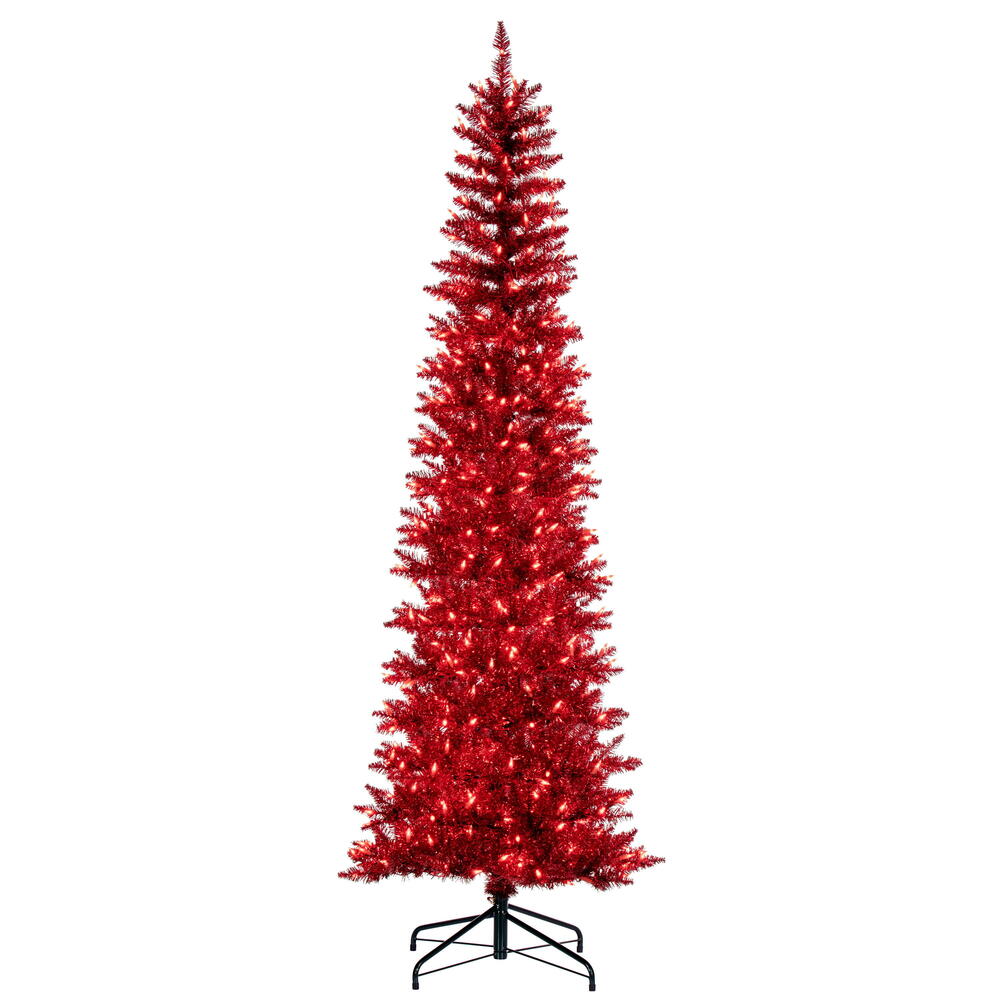 Red Tinsel Pencil Tree - 7.5' x 32" Pre-Lit with 450 Dura-Lit Red LED Mini Lights