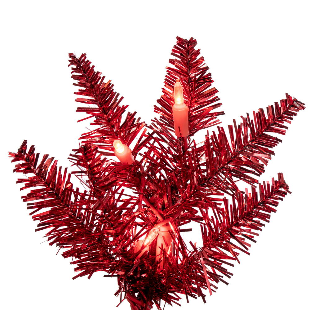 Red Tinsel Pencil Tree - 7.5' x 32" Pre-Lit with 450 Dura-Lit Red LED Mini Lights