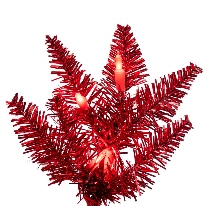 Red Tinsel Pencil Tree - 6.5' x 28" Pre-Lit With 400 Dura-lit Red LED Mini Lights