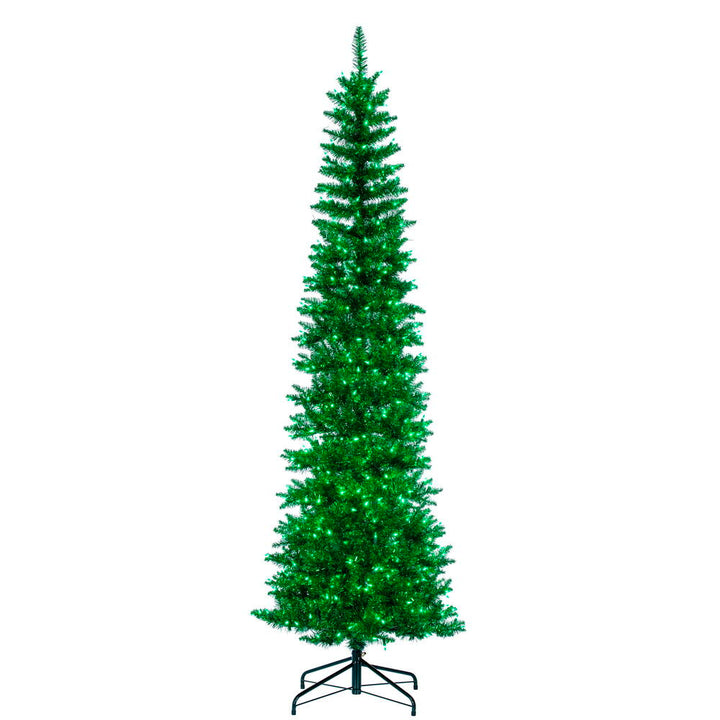 Green Tinsel Pencil Tree - 6.5' x 28" Pre-Lit With 400 Dura Lit Green LED Mini Lights