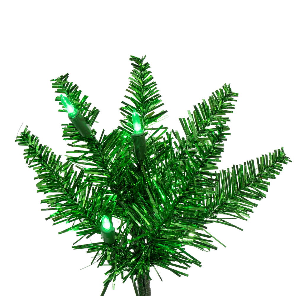 Green Tinsel Pencil Tree - 6.5' x 28" Pre-Lit With 400 Dura Lit Green LED Mini Lights